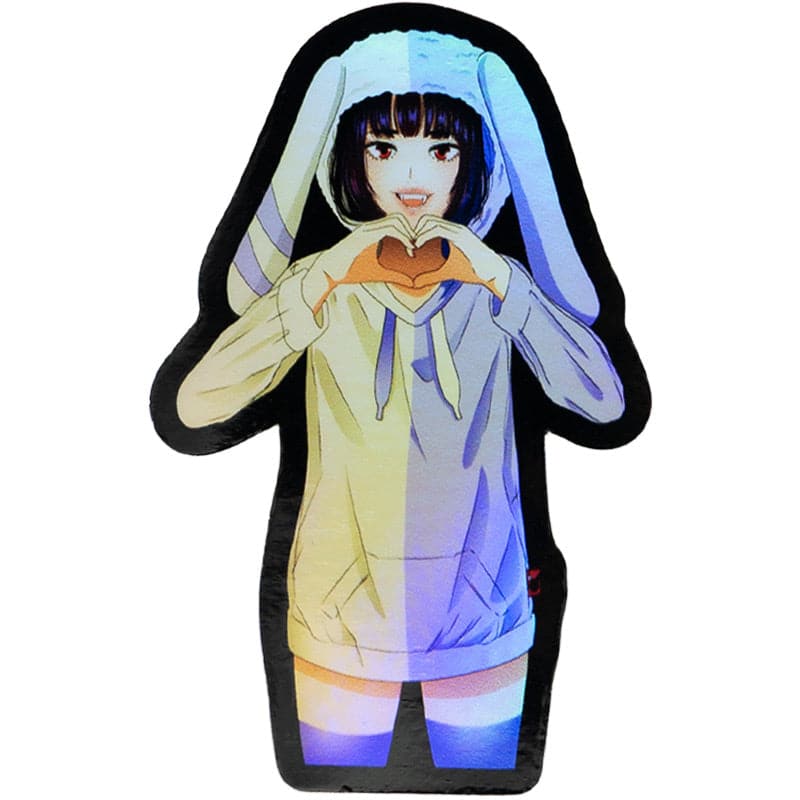 holographic sticker of an anime girl wearing a rabbit hoodie