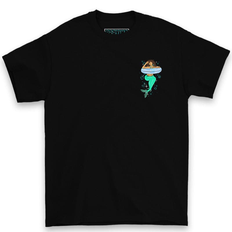 black t shirt with printed design of a mermaid on the left chest