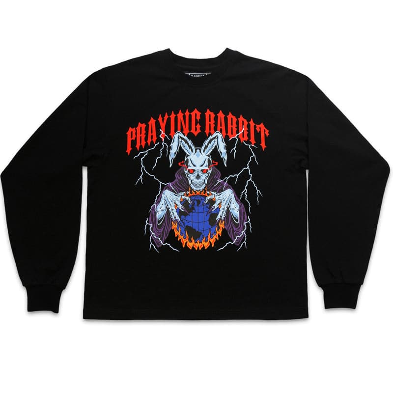 black long sleeve with a design that shows an evil blue skeleton rabbit mind controlling the earth
