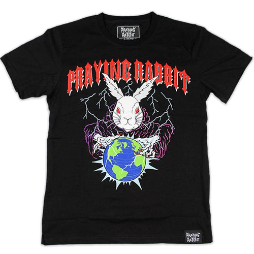 mind control rabbit hypnotizing the world printed on a black short sleeve shirt. There is red text that reads Praying Rabbit above the design
