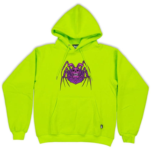 green hoodie with purple embroidered design of rabbit spider