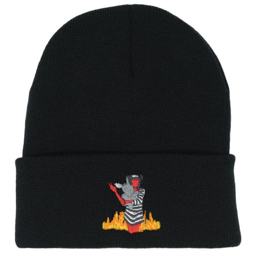 red demon girl holding a stuffed rabbit doll embroidered on a black beanie