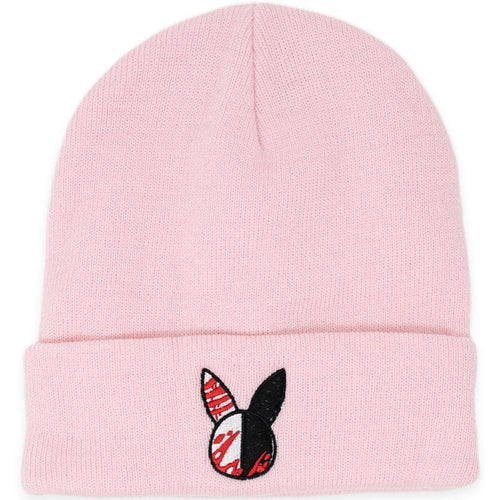 pink beanie with black and white rabbit head embroidered. the rabbit has blood splattered on it