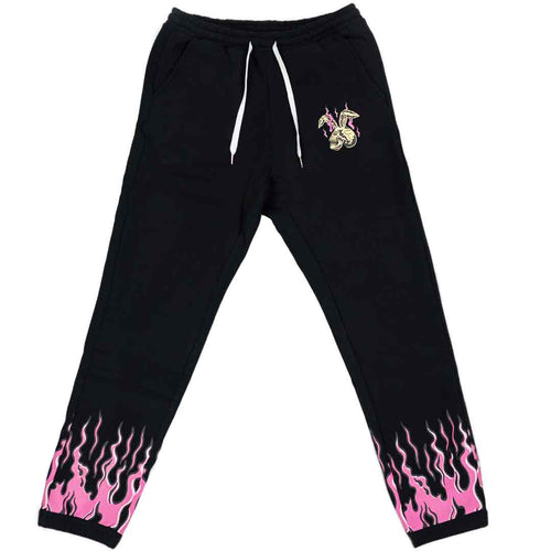 y2k sweatpants with a rabbit skull on the left thigh and pink flames wrapped around both ankles