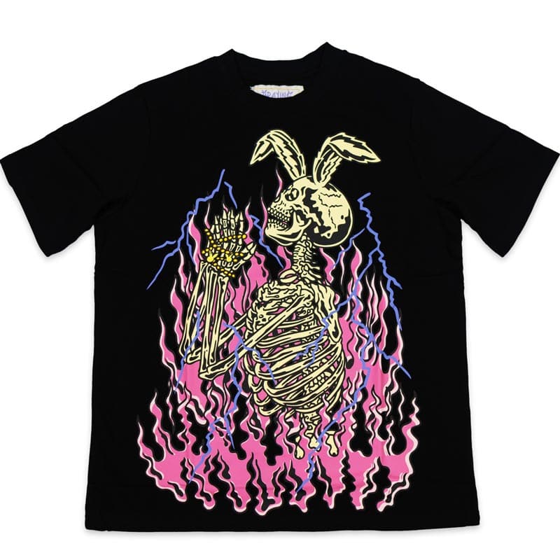 black shirt with a large printed design of a praying skeleton rabbit. it has pink flames and purple lightning