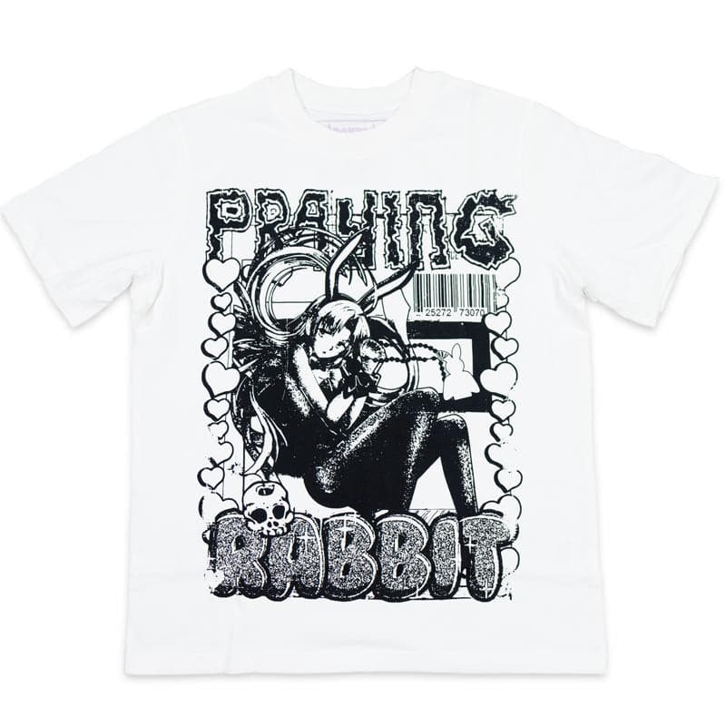 white shirt with a one color black print on the front. it has praying rabbit text, with an anime girl praying. there are skulls and little hearts around the design. she has a praying rabbit rosary wrapped around her hands.