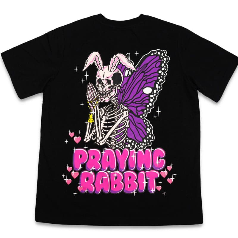 back view of black t-shirt with a jumbo sreen printed praying rabbit butterfly design.