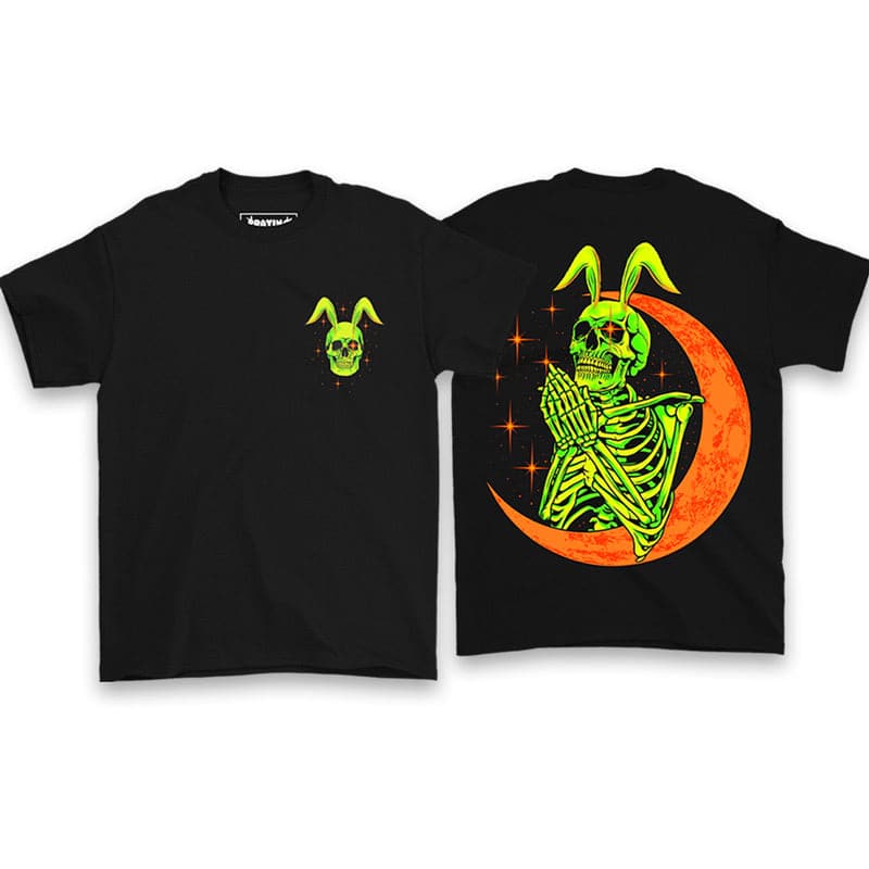 front and back view of black t-shirt with a design of a green rabbit skull on the left chest and green rabbit skeleton praying with an orange crescent moon on the back