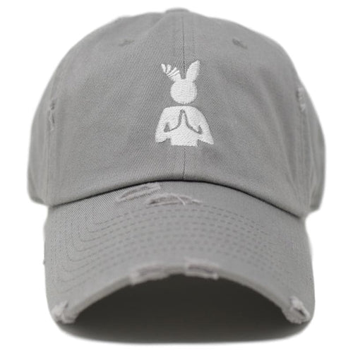gray distressed hat with white embroidered praying rabbit design