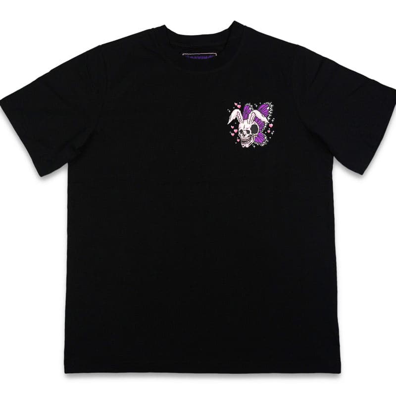 front view of black t-shirts with a rabbit skull that has butterfly wings and hearts around it.