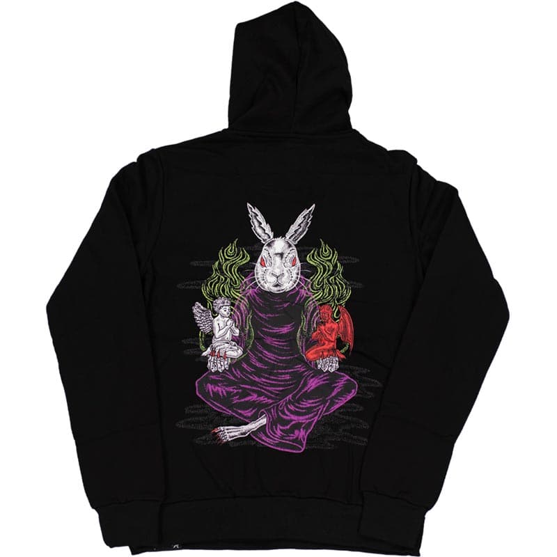 black hoodie back view with evil white rabbit wearing purple robes sitting down in a meditative position holding a demon in one hand and an angel in the other