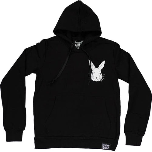 black hoodie with white rabbit printed on left chest