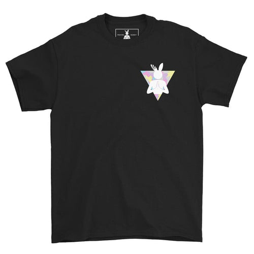 front view of praying rabbit triangle black tee
