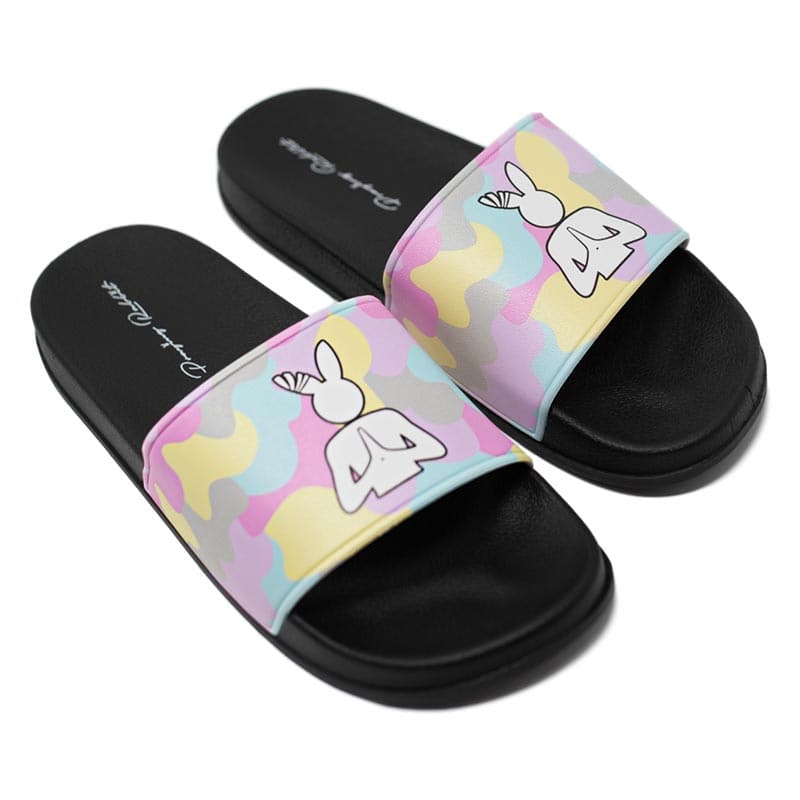 pastel camo print praying rabbit slides with signature on the sole