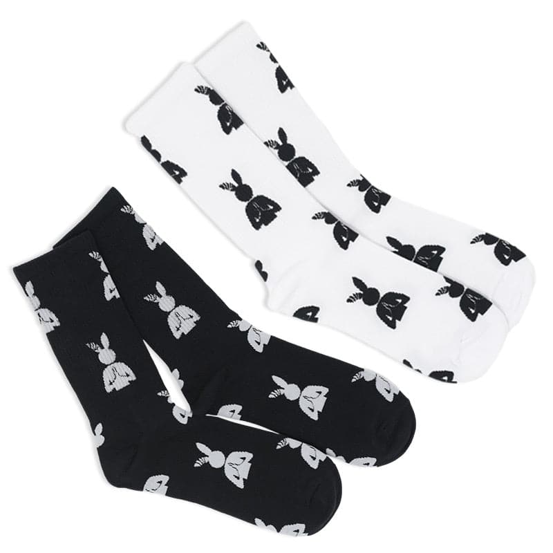 black and white socks with praying rabbit logo all-over print