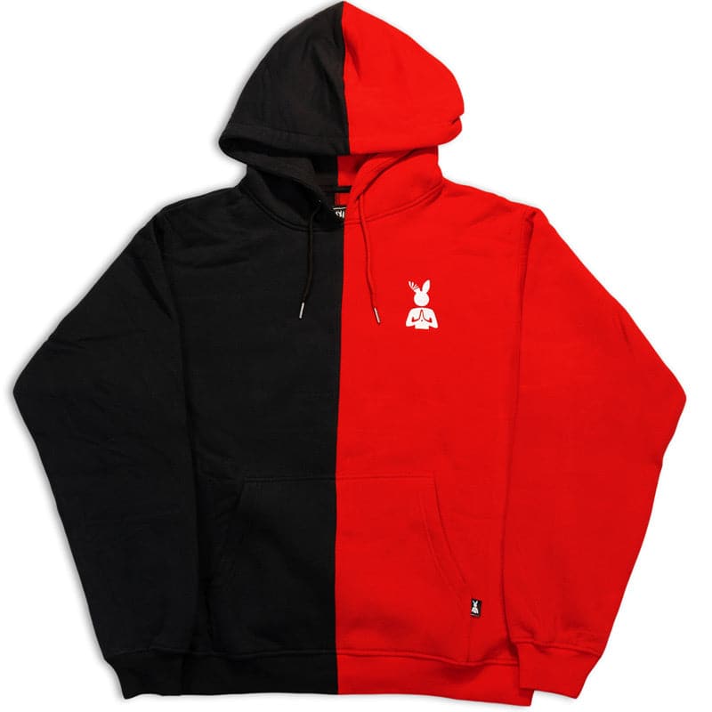 red and black half split hoodie with a white embroidered praying rabbit logo on the left chest