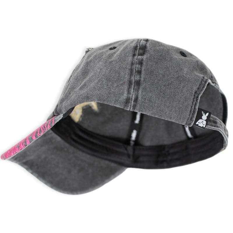 back view of black vintage hat that shows the praying rabbit woven label