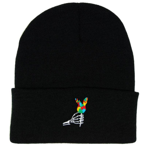 skeleton hand holding rabbit lollipop embroidered on a black beanie