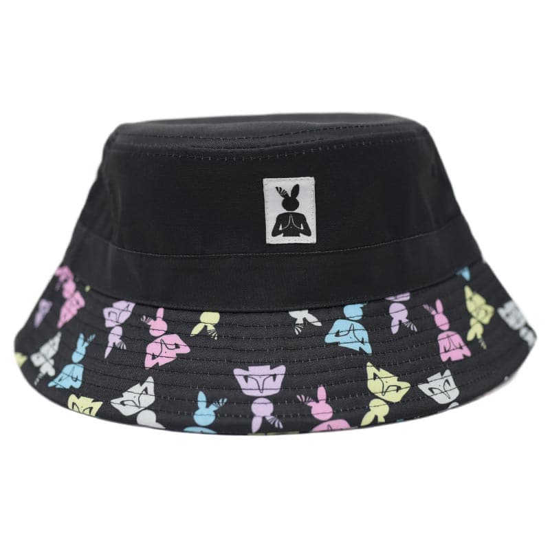 front view of black bucket hat with an all over colorful praying rabbit logo print and a woven label in the middle