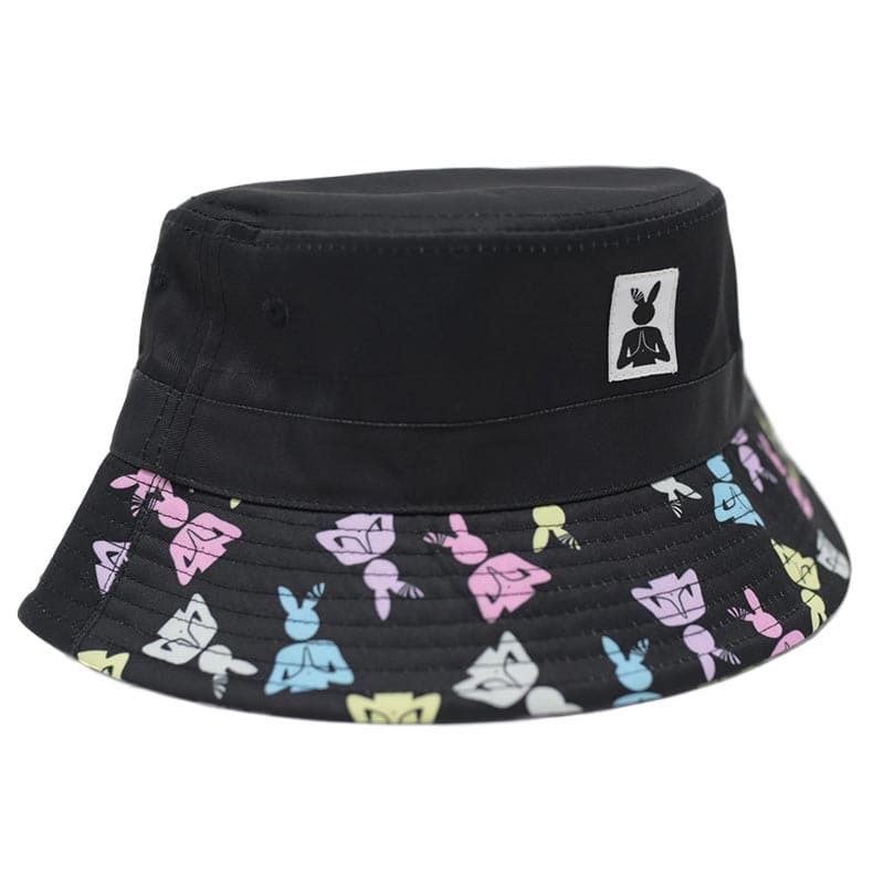 side view of praying rabbit bucket hat featuring an all over logo print on the brim and a woven label in the middle