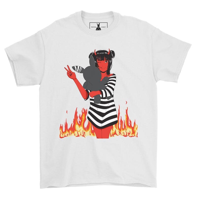 front view of demon anime girl doing the victory sign white tee