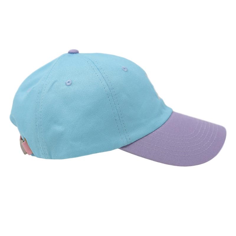 side view of hat showing blue and purple colors