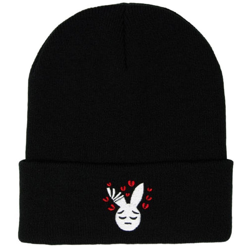 sad rabbit with red broken hearts embroidered on a black beanie