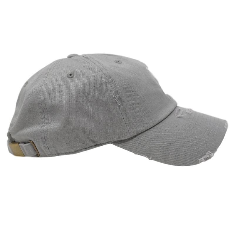 side view of gray distressed hat