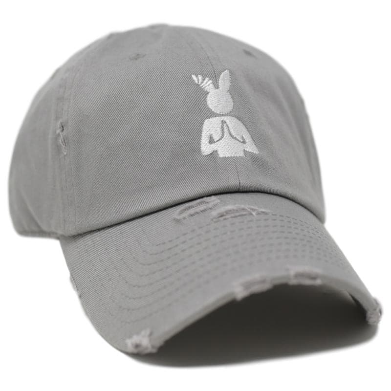 side view of gray distressed hat and white praying rabbit design