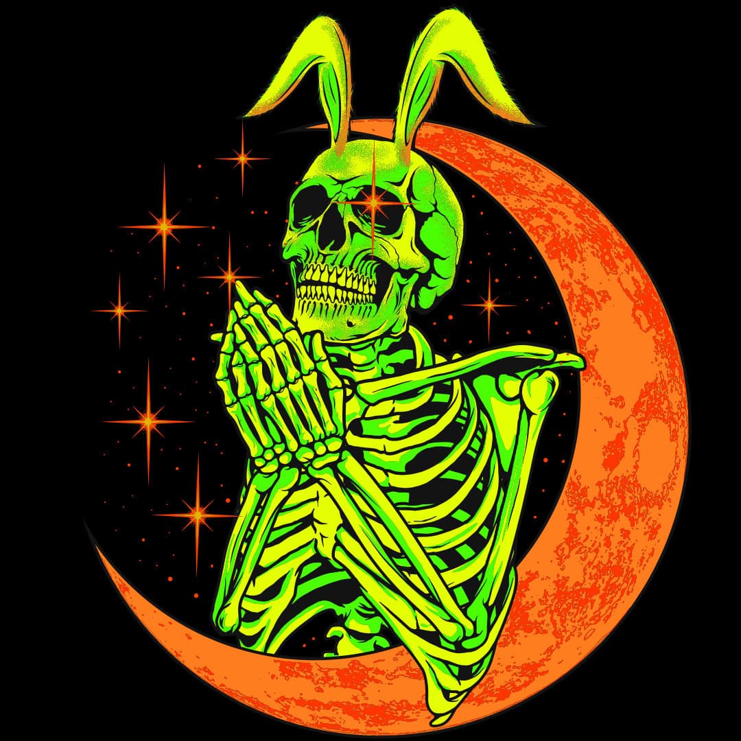 green rabbit skeleton praying in the orange crescent moon with bunny ears