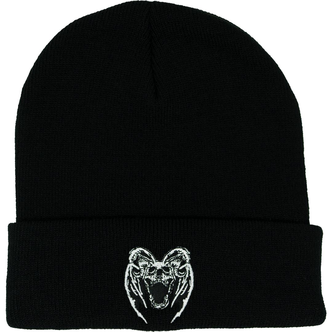 black beanie with embroidered design of a rabbit skull with horns and bat wings
