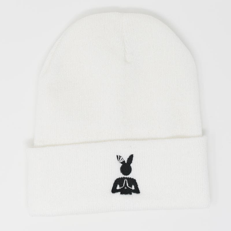 white embroidered praying rabbit beanie